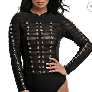 Share Banjul Gold Accents Mesh Long Sleeve Bodycon Bodysuit Size L